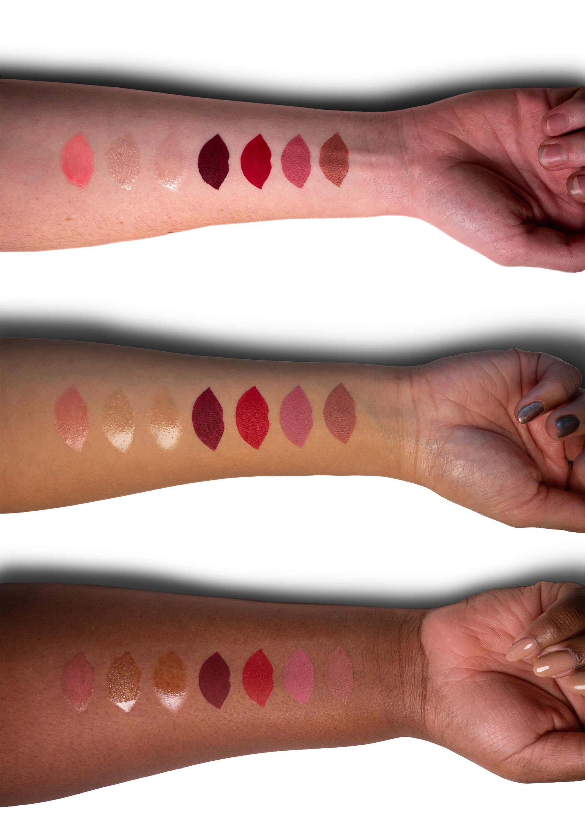 Lip Gloss & Liquid Lipstick swatches by DUTCH. Cosmetx op armen.